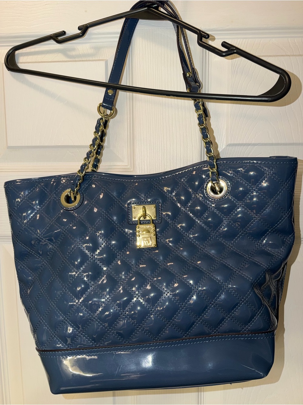 Anne Klein Navy Quilted Patent Shoulder Tote with Gold Hardware